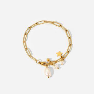 NEW - 18K Gold Plated Stainless Steel Chain, Star and Pearl Pendant Bracelet